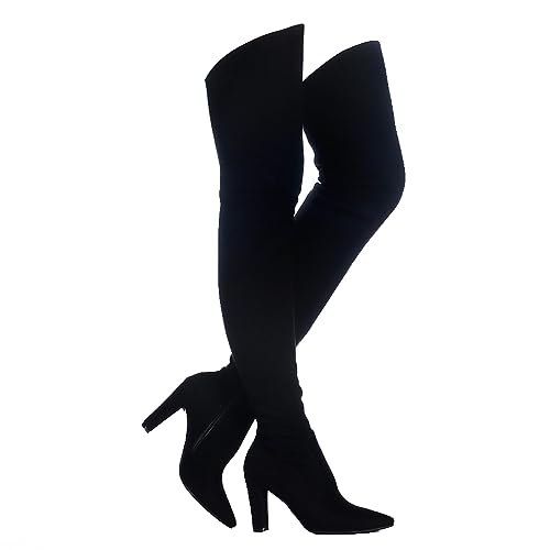 Shoe'N Tale Women Stretch Suede Chunky Heel Thigh High Over The Knee...