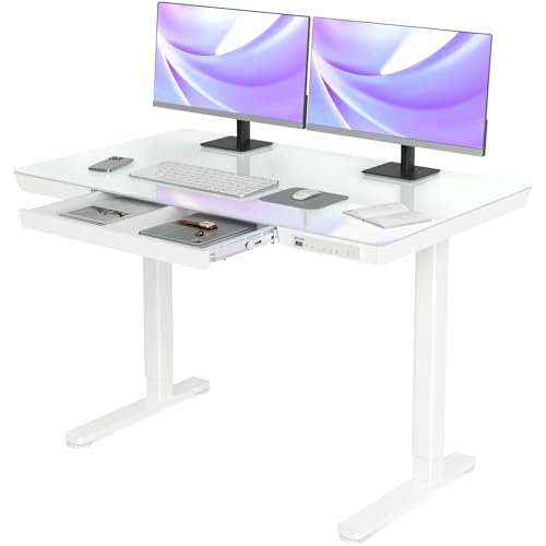 Claiks Glass Standing Desk with Drawers, 48×24 Inch Adjustable Stand...