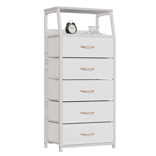 Furnulem White Dresser with 5 Drawers, Vertical Storage Tower Fabric...