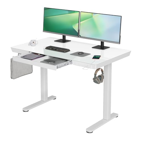 YDN Glass Standing Desk with Drawers, 48 x 24 Inch Electric Stand Up...