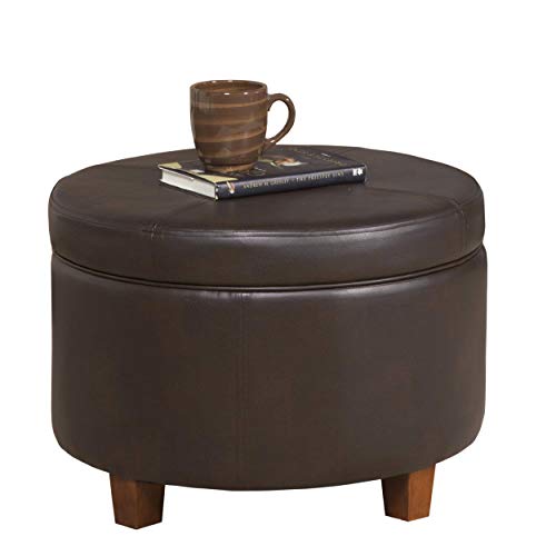 HomePop Round Leatherette Storage Ottoman with Lid, Chocolate Brown...