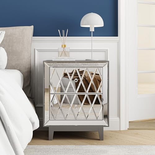 blingworld Nightstand Mirrored, Silver Night Stand with 2 Drawers, End...