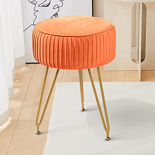 ECOMEX Velvet Round Ottoman with Metal Legs, Upholstered Pleated Round...