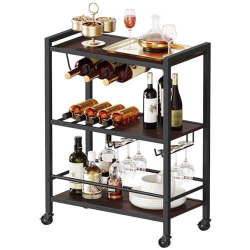 HOOBRO Bar Cart, 3-Tier Coffee Cart with Wheels, Kitchen Cart, Wine...