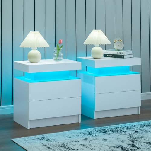 i-aplus Nightstand Set of 2 LED Nightstand with 2 Drawers, Bedside...
