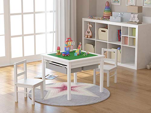 UTEX Wooden 2 in 1 Kids Construction Play Table and 2 Chairs Set with...