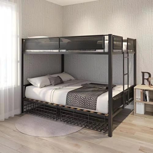 DNYN Queen over Queen Bunk Bed with Storage Drawers & Wood Slat...
