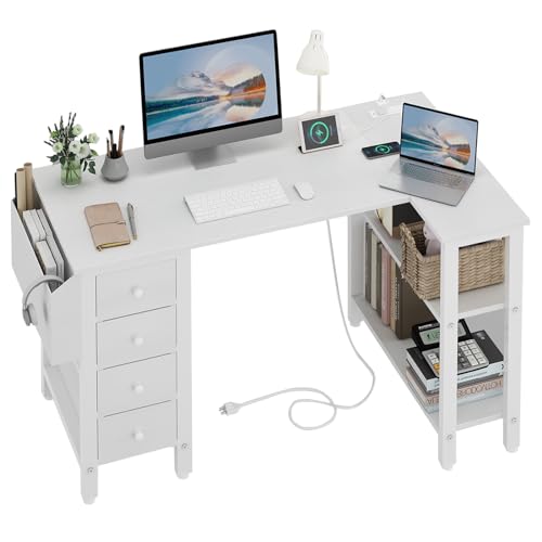 Lufeiya White L Shaped Computer Desk with Drawers & Storage Shelves,...