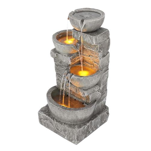 Teamson Home 33.25 in. Cascading Bowls and Stacked Stones LED Outdoor...