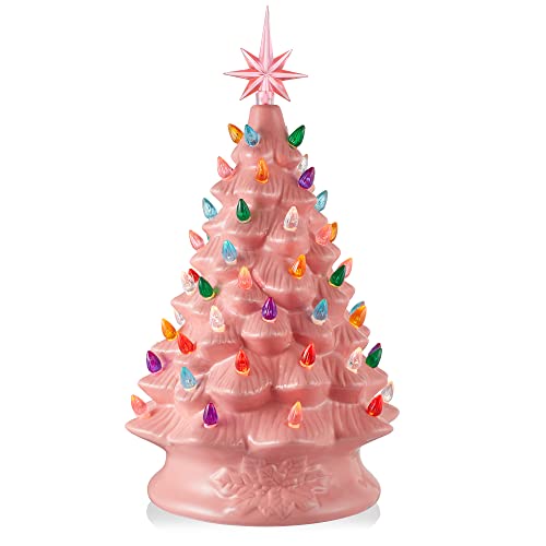 Casafield Hand Painted Ceramic Christmas Tree, Pink 15-Inch Pre-Lit...