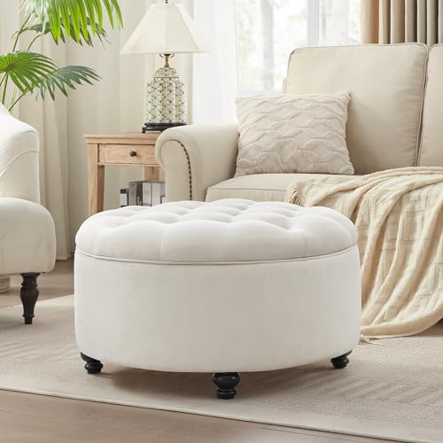 HUIMO 30-Inch Round Storage Ottoman, Modern Button Tufted Coffee Table...