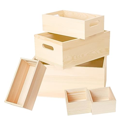 Voittozege 6 Packs Unfinished Wooden Box 5 Sizes Natural Handles Wood...