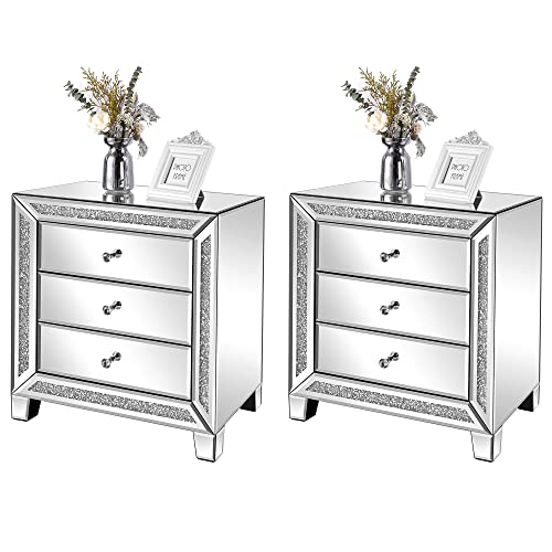 VINGLI Mirrored Nightstands Set of 2, 23' W Glass Mirror Night Stand...