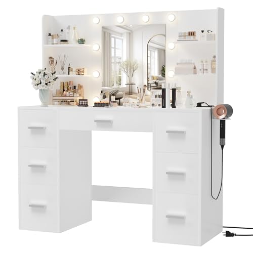 Furmax Vanity Desk with Mirror, LED Lights and Power Outlet Makeup...