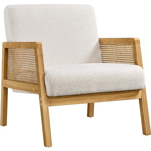Yaheetech Boucle Fabric Accent Chair, Vintage Rattan Vanity Chair with...