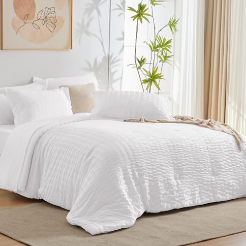 CozyLux Queen Bed in a Bag White Seersucker Comforter Set with Sheets...
