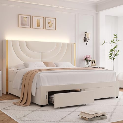 HITHOS King Upholstered LED Bed Frame with 2 Storage Drawers, Velvet...