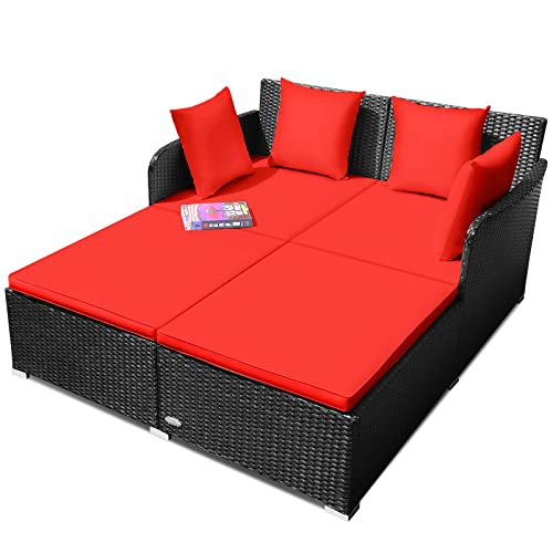 Salches Outdoor Rattan Daybed, Patio Loveseat Sofa Set w/Comfortable...