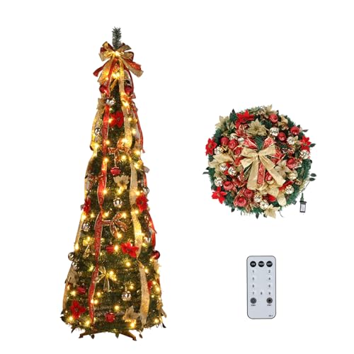VINGLI 6ft Pre lit Pop Up Christmas Tree with Lights, Pre-Decorated...