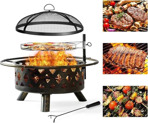 Aoxun Fire Pit 30in with Grill Outdoor Wood Burning 2 in 1 Fire Pit...