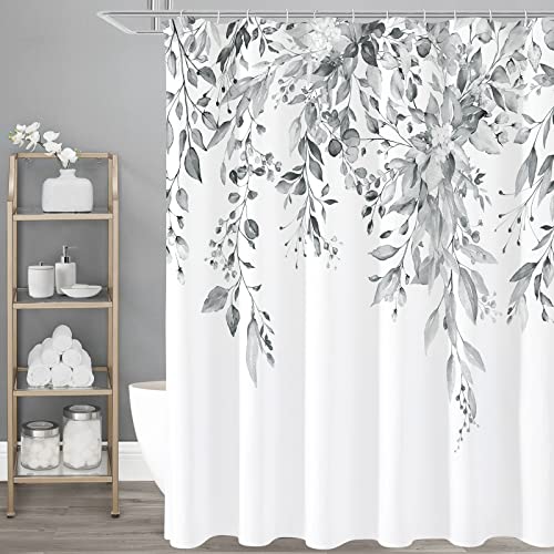 Gibelle Grey Eucalyptus Shower Curtain, Watercolor Plant Leaves with...