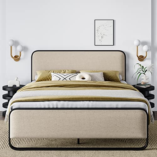 Allewie Queen Size Metal Bed Frame with Curved Upholstered Headboard...