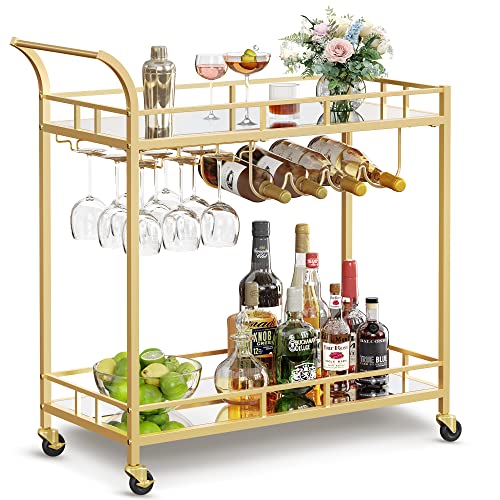 VASAGLE Bar Cart Gold, Home Bar Serving Cart, Wine Cart with 2...