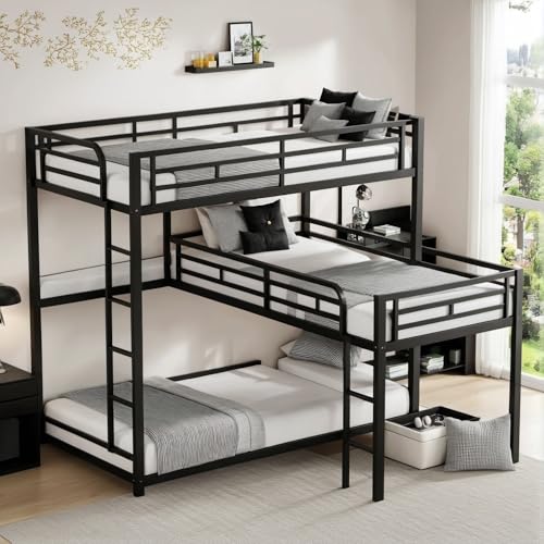 PVWIIK Triple Bunk Bed with Built-in Ladder and Full-Length Guardrails...