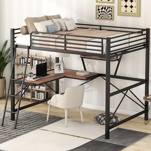 Full Size Loft Bed with Desk and a Storage Shelf, Heavy Duty Metal...
