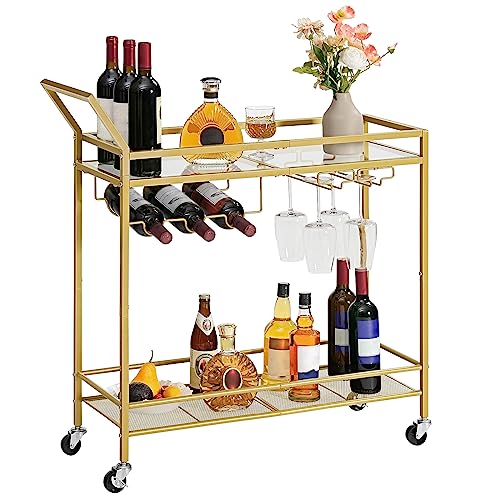 HOOBRO Bar Cart for The Home, 2-Tier Kitchen Cart with Wine Rack and...