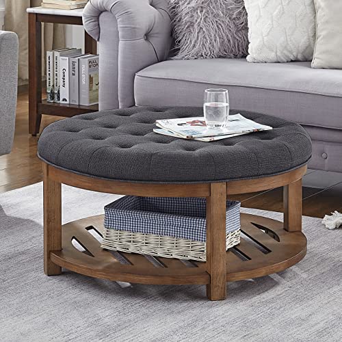 24KF Large Round Upholstered Tufted Linen Ottoman Coffee Table, Large...