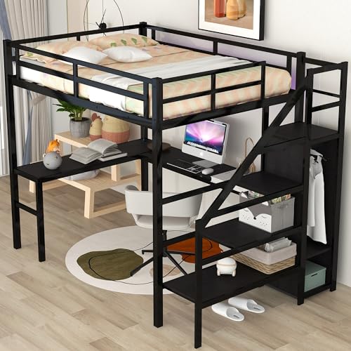 Full Size Loft Bed with Desk, Storage Stairs and Wardrobe, Full Loft...