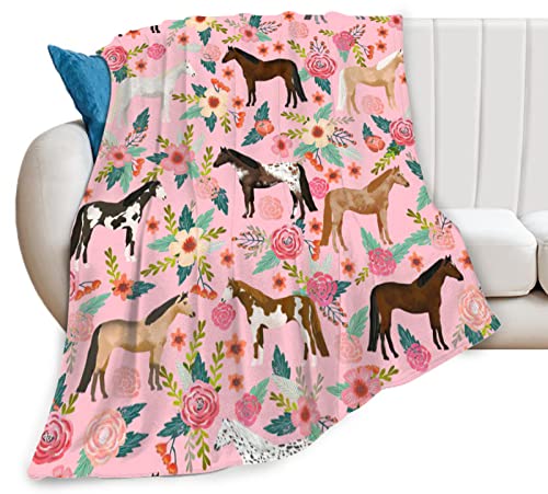 Horse Blanket Gifts for Girls Women Cute Horses Flowers Flannel Fleece...