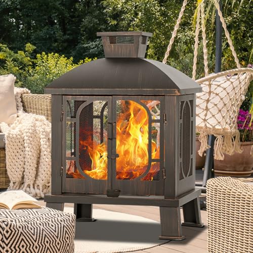 Panovue 45' H×31''W Metal Chiminea Fire Pit with Grill, Wood Burning...