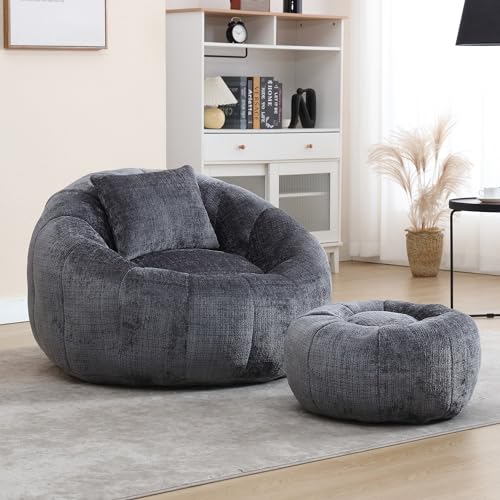 QQU Modern 360 Swivel Extra Large Round Bean Bag Chair with Footrest,...