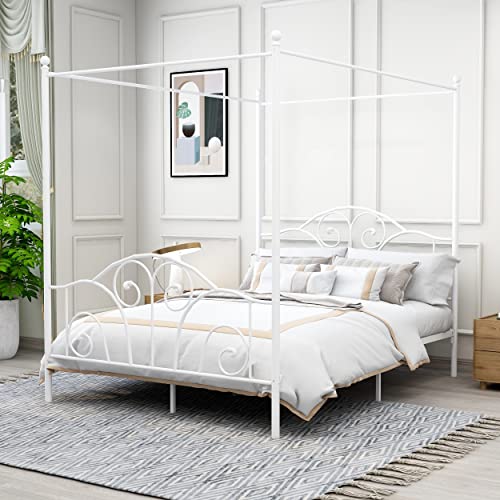 AUFANK Queen Size Four-Poster Metal Canopy Bed Frame with Headboard...
