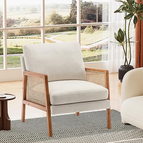 Alunaune Ivory Accent Chair Natural Rattan Armchair Upholstered Living...