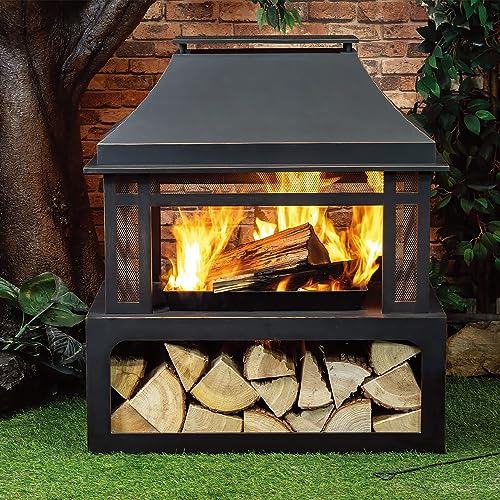 Deko Living Outdoor Wood Burning Fireplace with Wood Storage and...