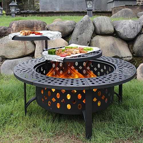 OutVue 36 Inch Fire Pit with 2 Grills, Wood Burning Fire Pits for...